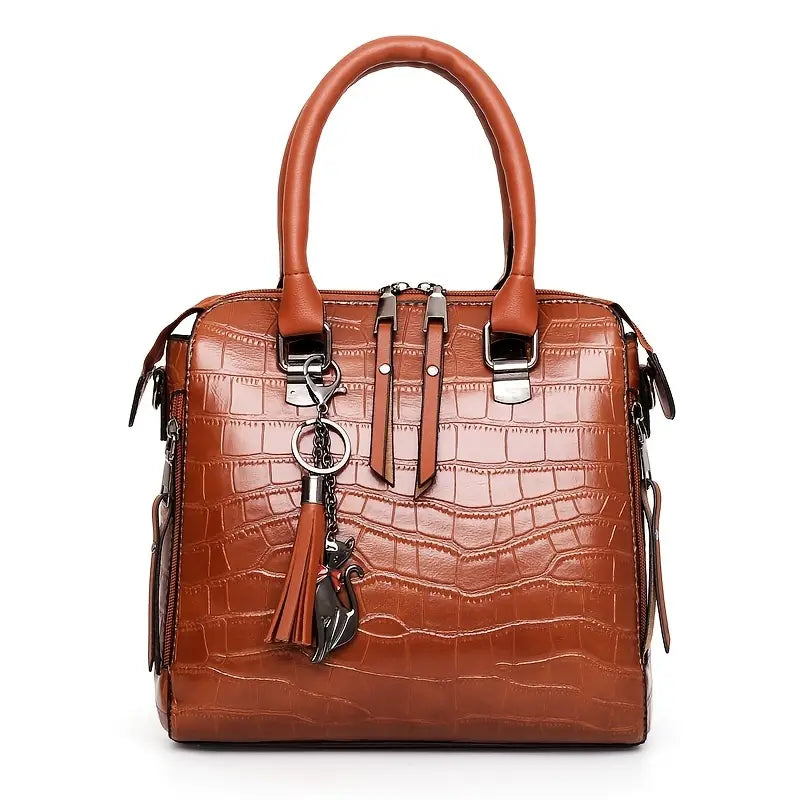 Croc-Embossed Handbag Set with Tassel Decor (4 Pieces)