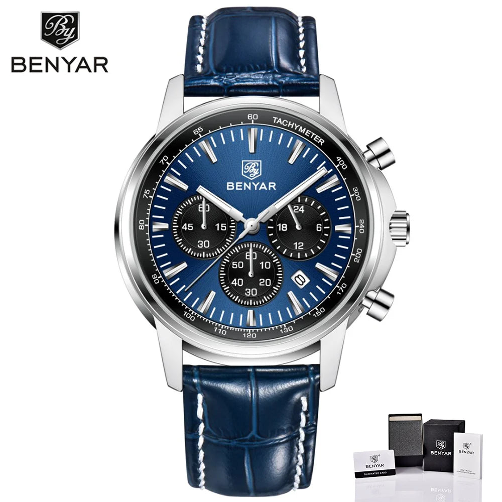 BENYAR Top brand multifunctional men's chronograph leather strap 30M waterproof men's business casual quartz watch