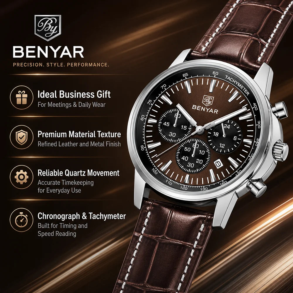 BENYAR Top brand multifunctional men's chronograph leather strap 30M waterproof men's business casual quartz watch