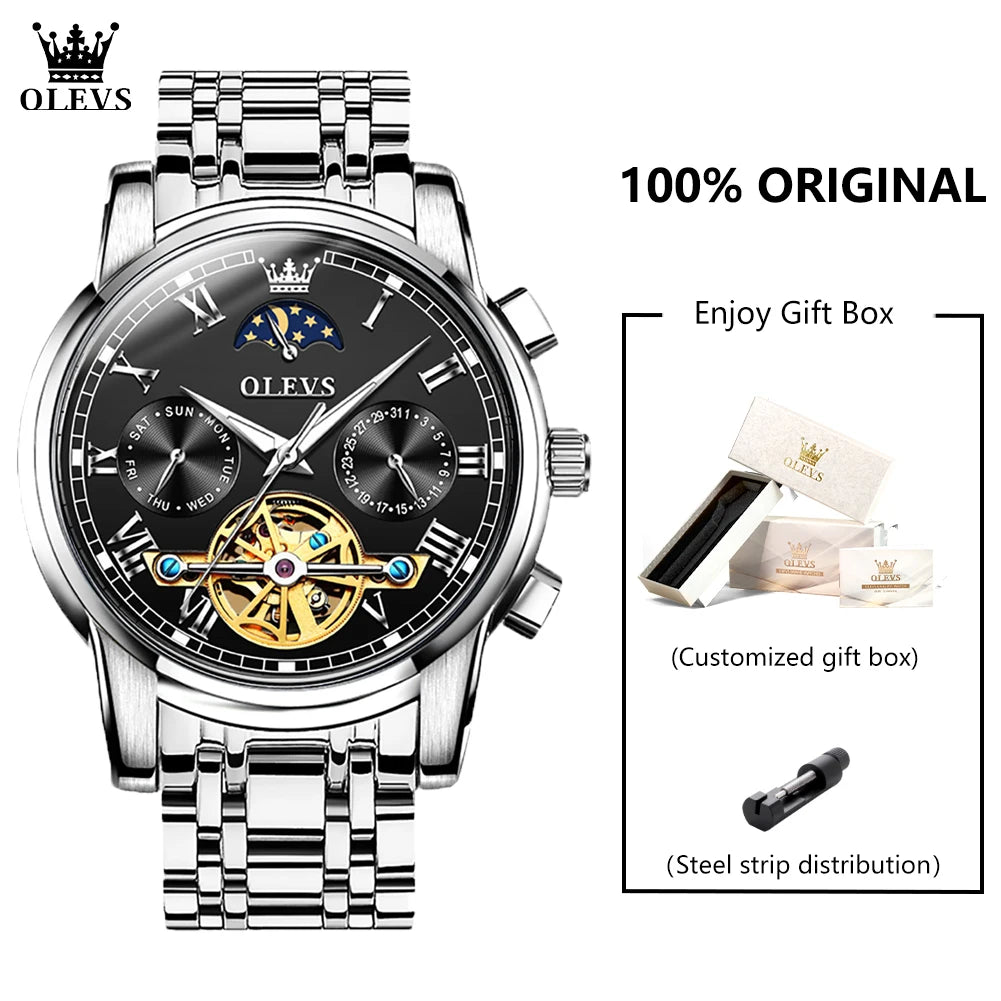 OLEVS 6617 Men's Classic Mechanical Watch – Sun & Moon, Stainless Steel, 30M Waterproof