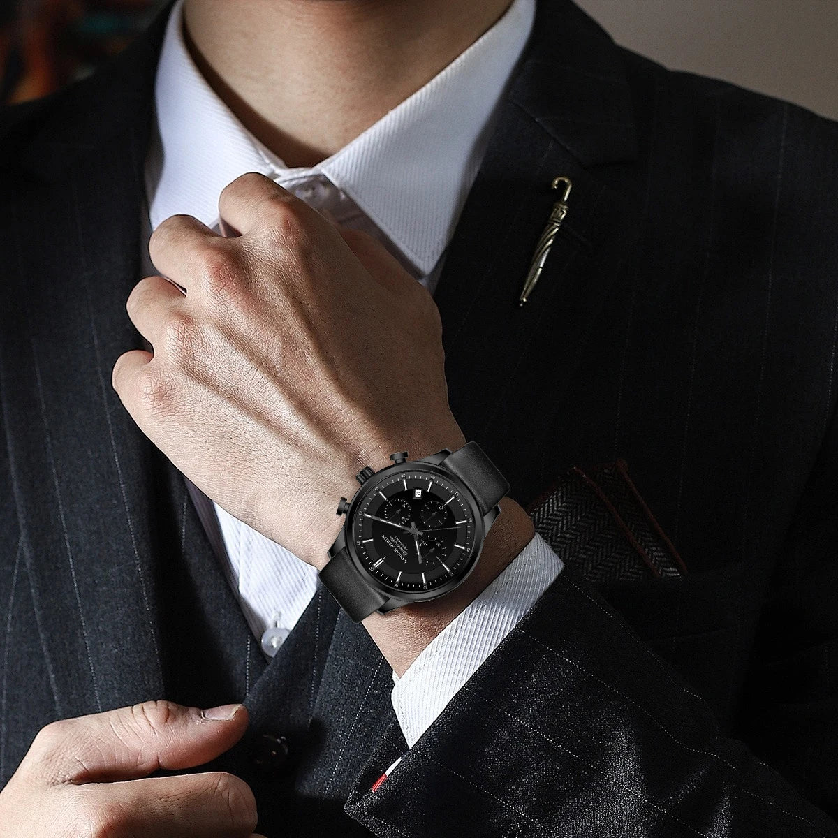 Hannah Martin Men's Business Watch – 41mm Quartz, Black Leather Strap, Chronograph, Gift Box
