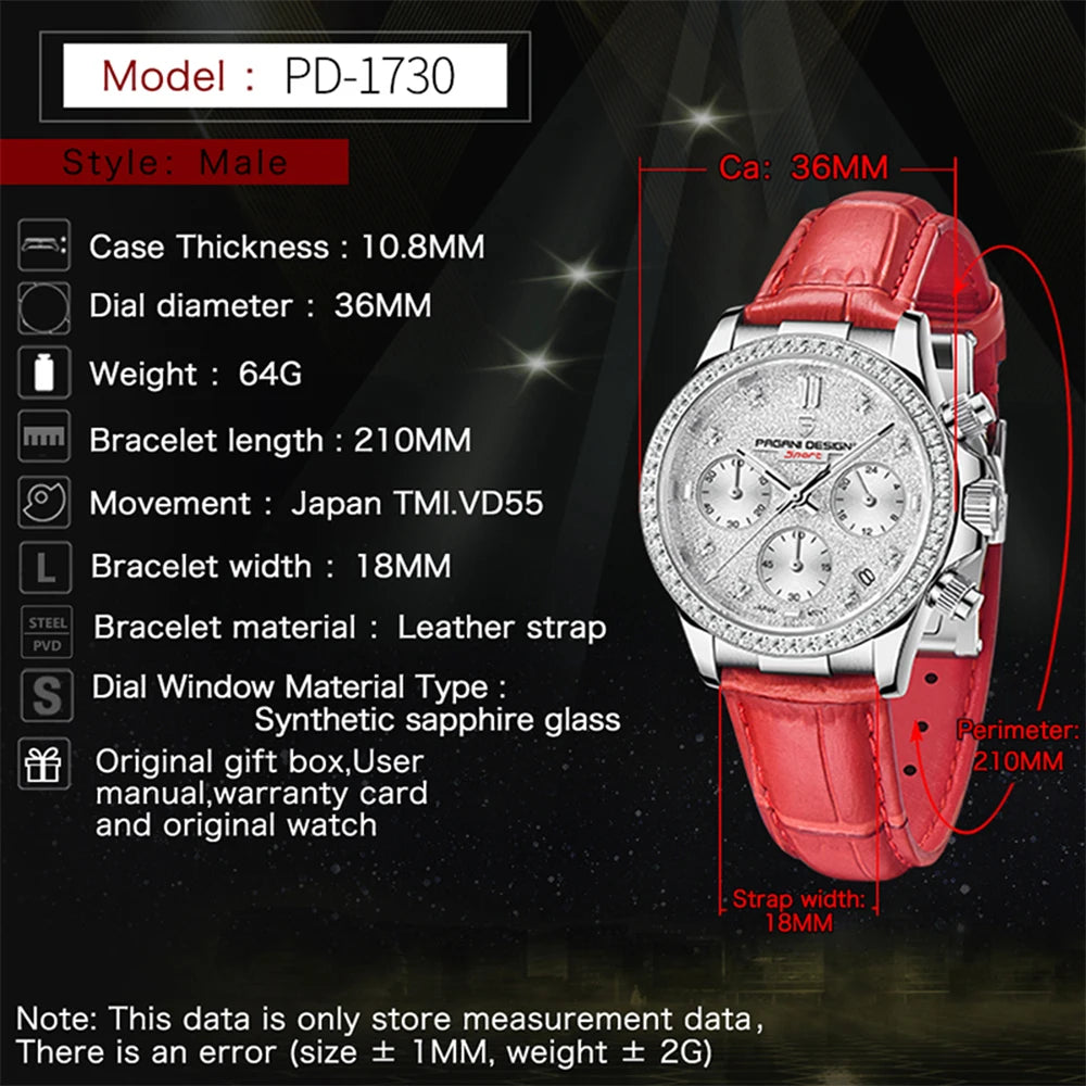 PAGANI DESIGN 1730 Fashion Multifunctional Women's Quartz Watch Luxury Sapphire Glass Watch Women's Exquisite Packaging Gift Box