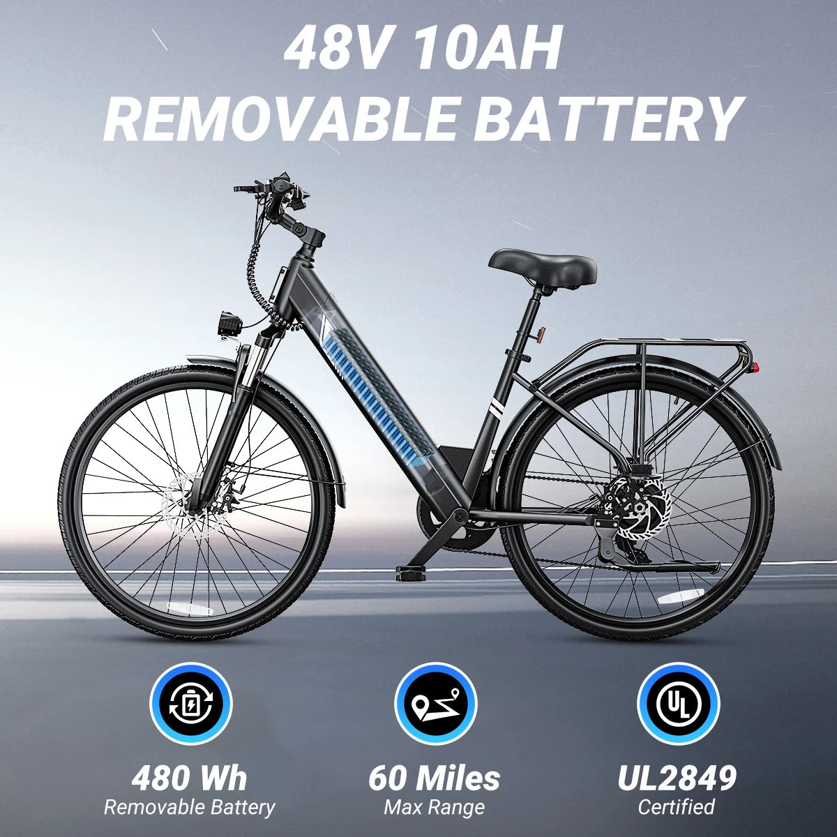 DYU C7 Electric Bicycle – 1000W Peak, 480Wh Battery, 26" City E-Bike, UL2849 Certified