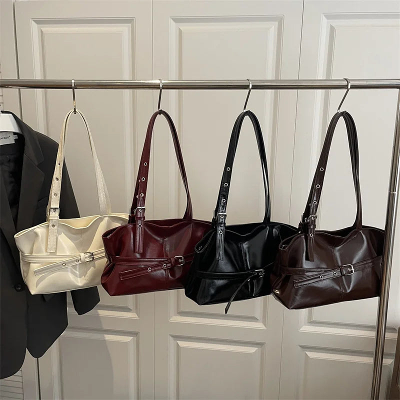 Luxury Wine Red Underarm Bag for Women Autumn/Winter Retro Commuter Shoulder Bag Casual Large Capacity Rivets Belt Totes