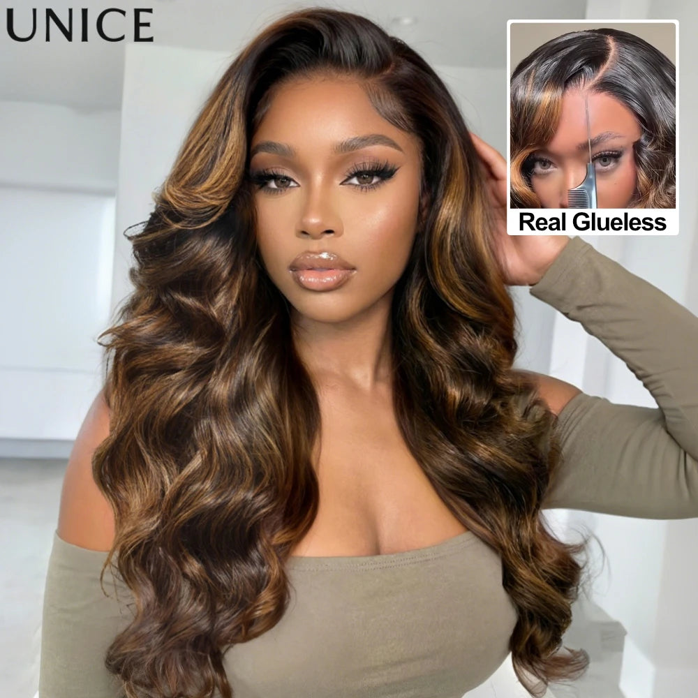 UNICE 7x5 Pre Cut Lace Balayage Brown Body Wave Glueless Wig Pre Plucked Bleached Knots Natural Hairline 100% Human Hair Wigs
