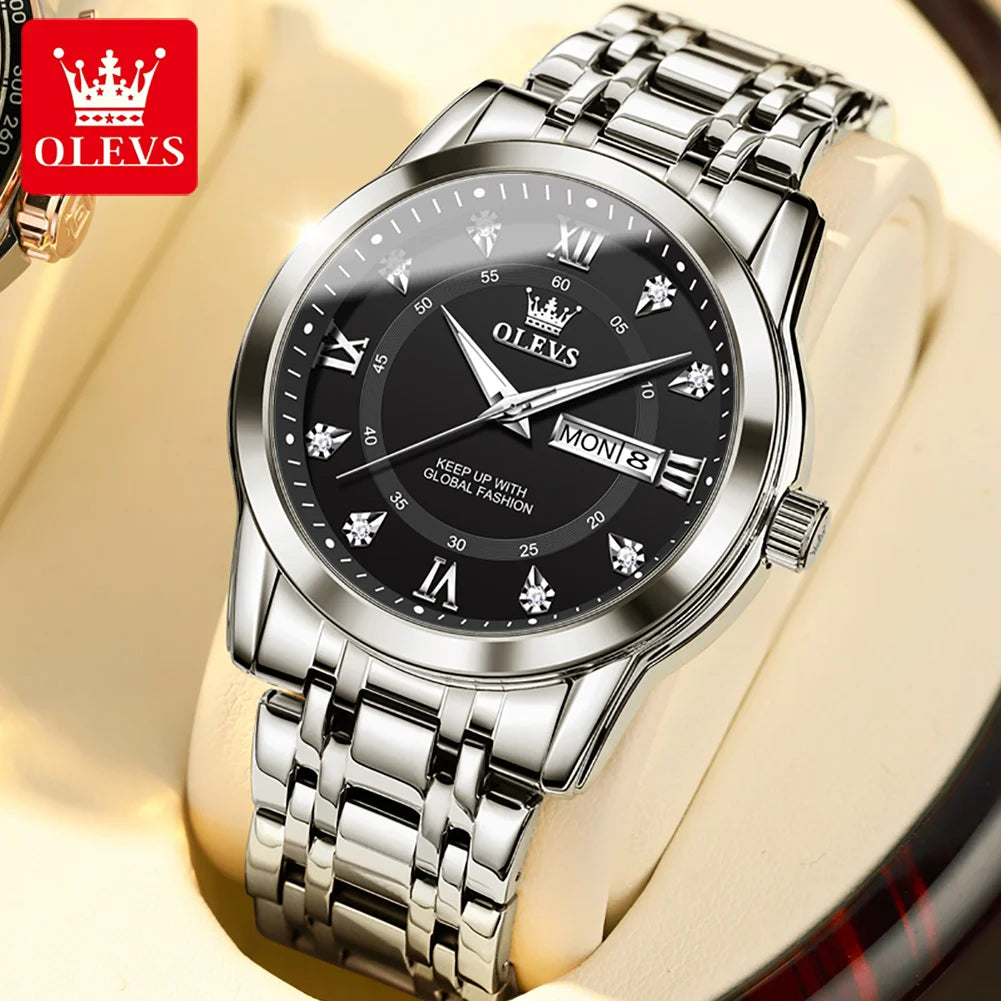 OLEVS Brand Fashion men's watches stainless steel waterproof Quartz wristwatch luminous Original watch for man Dual Calendar