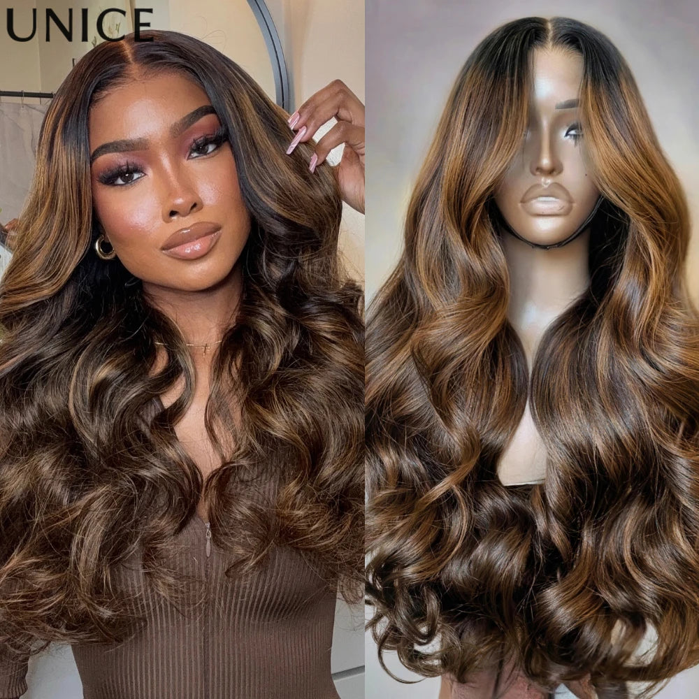 UNICE 7x5 Pre Cut Lace Balayage Brown Body Wave Glueless Wig Pre Plucked Bleached Knots Natural Hairline 100% Human Hair Wigs
