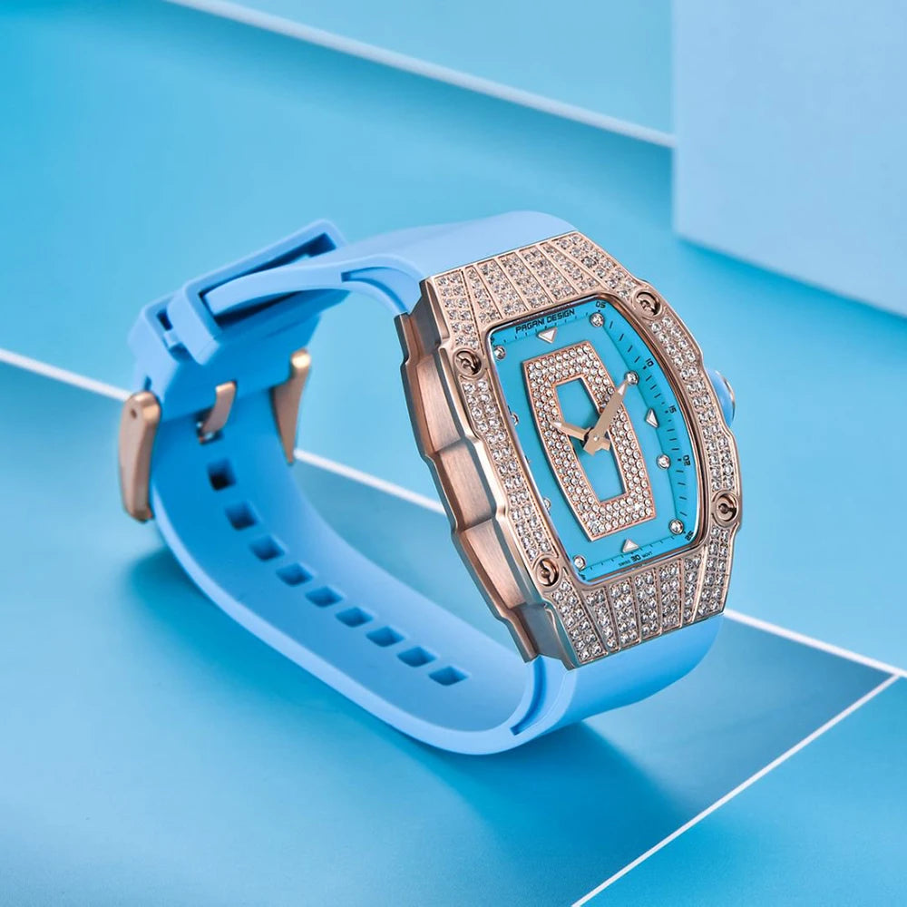 PAGANI DESIGN Top Luxury Diamond encrusted Women's Watch Fashion RubberWaterproof LuminousWine Bucket Case Women'sWatch+Gift Box