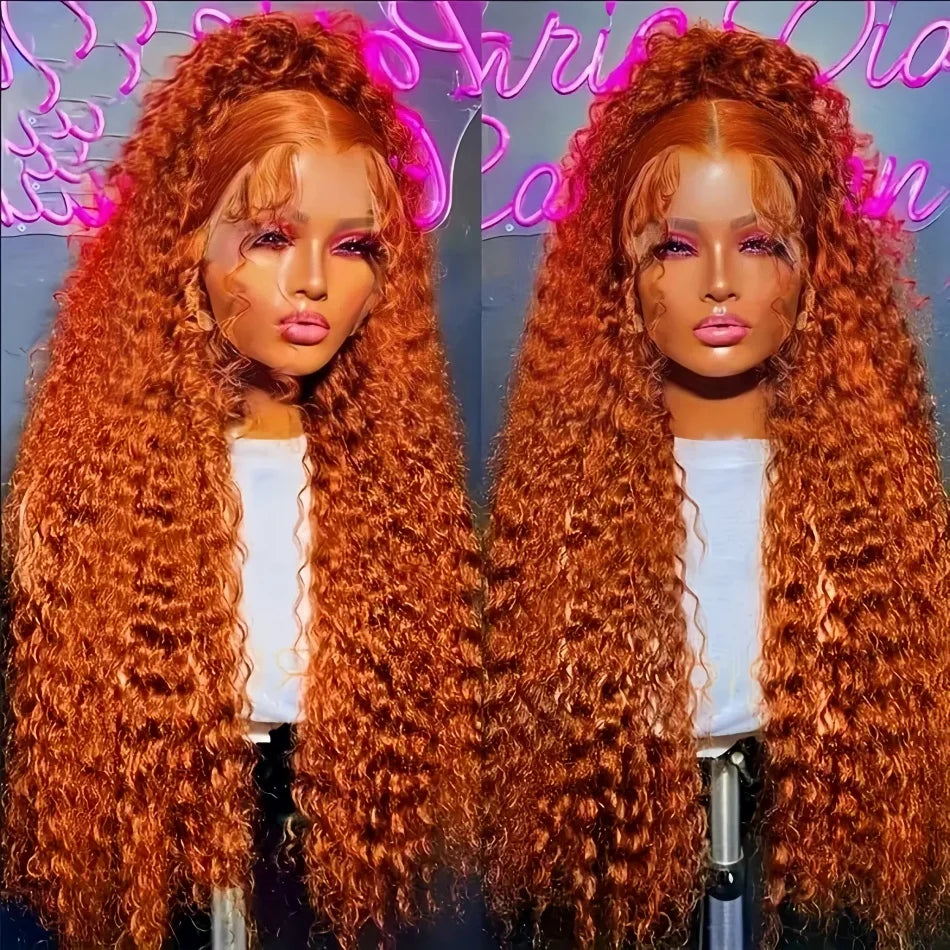 30Inch Orange Ginger Water Wave Lace Front Wigs 13x4 13x6 #350 Colored Wigs Brazilian Human Hair Deep Wave Curly Wigs 260Density