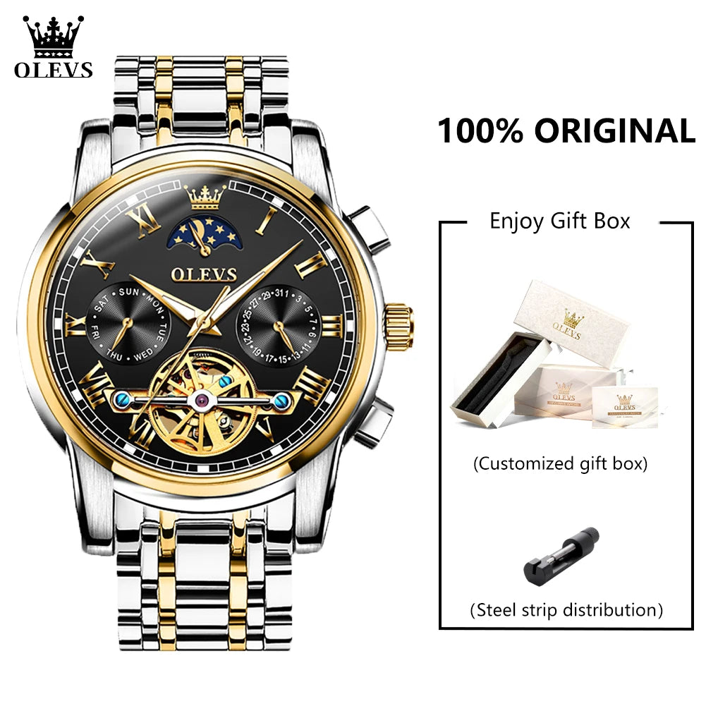 OLEVS 6617 Men's Classic Mechanical Watch – Sun & Moon, Stainless Steel, 30M Waterproof
