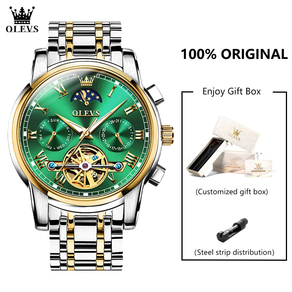 OLEVS 6617 Men's Classic Mechanical Watch – Sun & Moon, Stainless Steel, 30M Waterproof