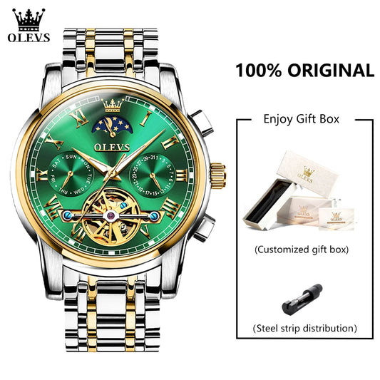 OLEVS 6617 Men's Classic Mechanical Watch – Sun & Moon, Stainless Steel, 30M Waterproof