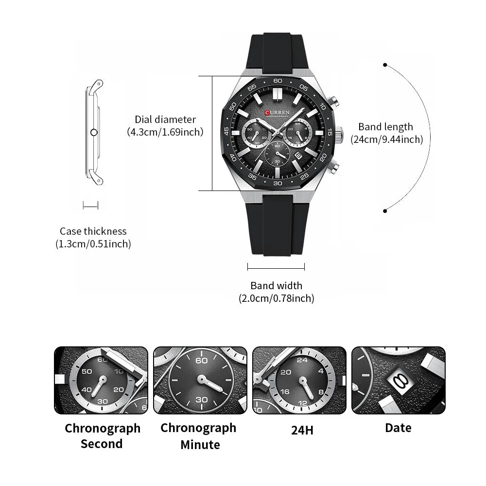 CURREN Fashion Casual Men Sports Watch Chronograph Silicone Belt Auto Date Dial Quartz Wristwatch Male Reloj Relogio Masculino