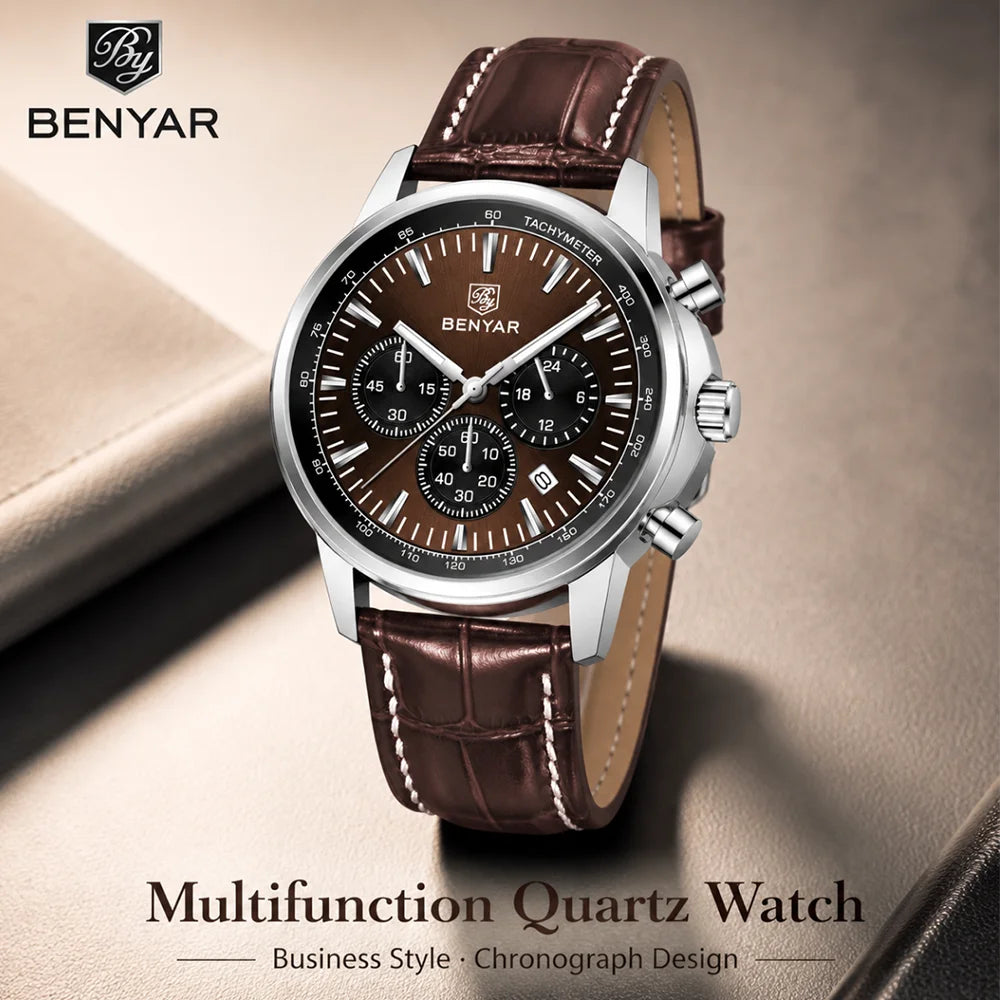 BENYAR Top brand multifunctional men's chronograph leather strap 30M waterproof men's business casual quartz watch