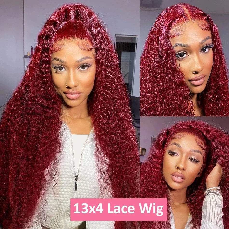 200 Density Burgundy Deep Wave Human Hair Wig 99J Colored 13x4 13x6 HD Water Curly Wave Full Lace Frontal Wigs For Women 46 Inch