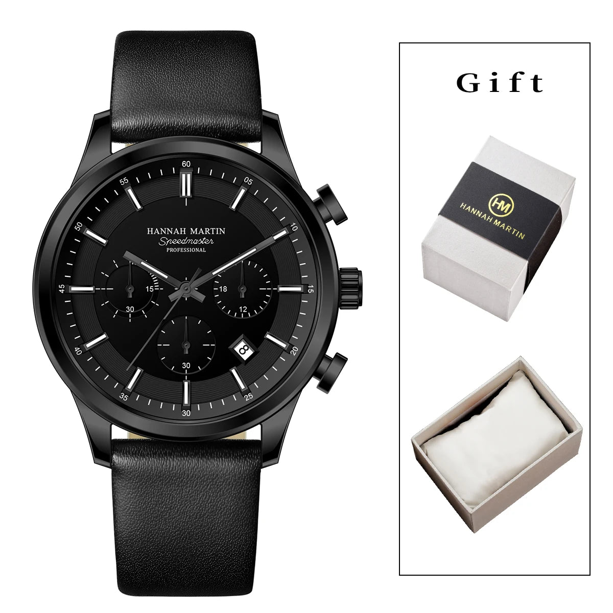 Hannah Martin Men's Business Watch – 41mm Quartz, Black Leather Strap, Chronograph, Gift Box