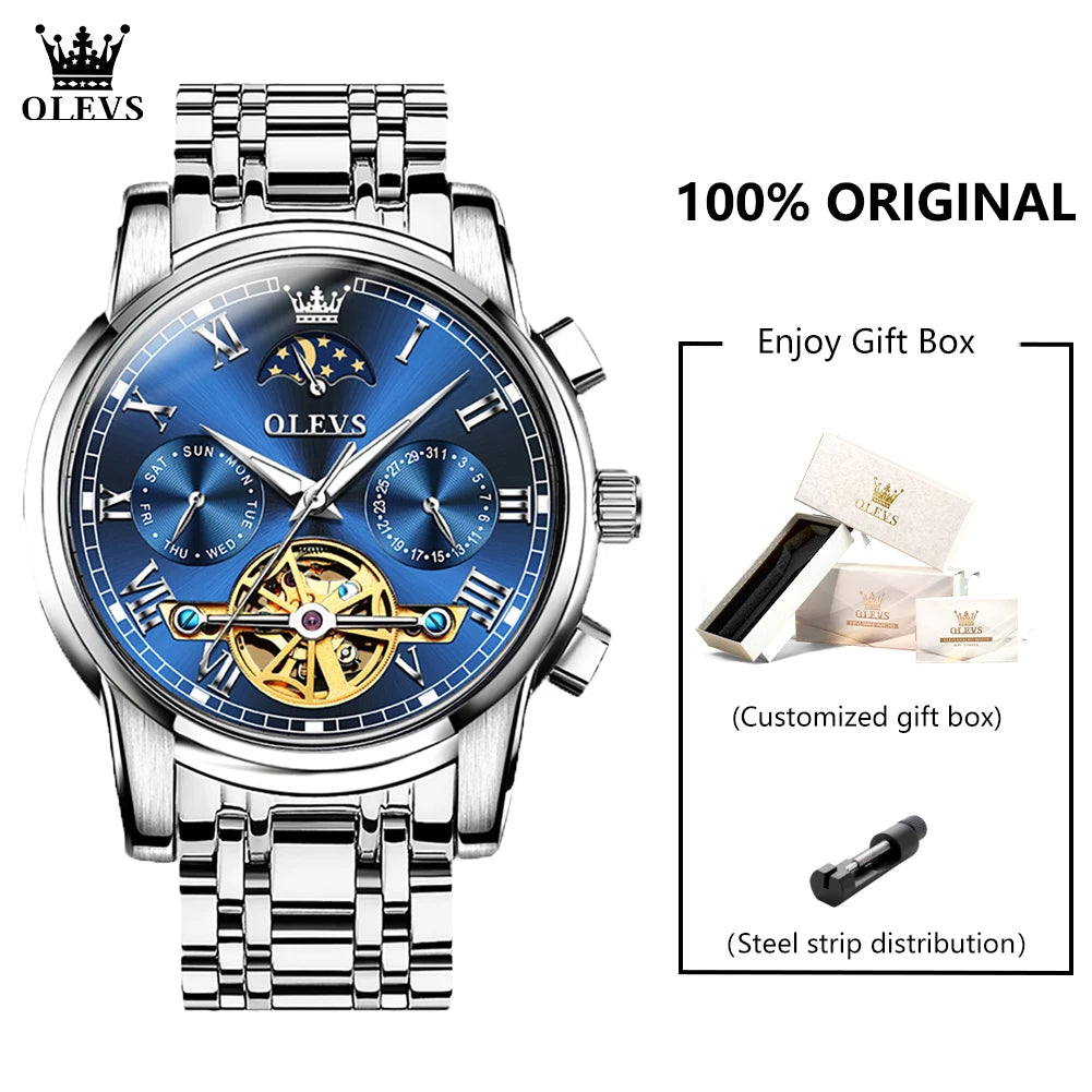 OLEVS 6617 Men's Classic Mechanical Watch – Sun & Moon, Stainless Steel, 30M Waterproof