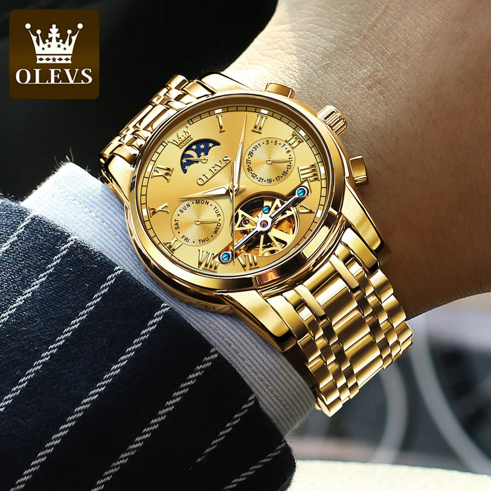 OLEVS 6617 Men's Classic Mechanical Watch – Sun & Moon, Stainless Steel, 30M Waterproof
