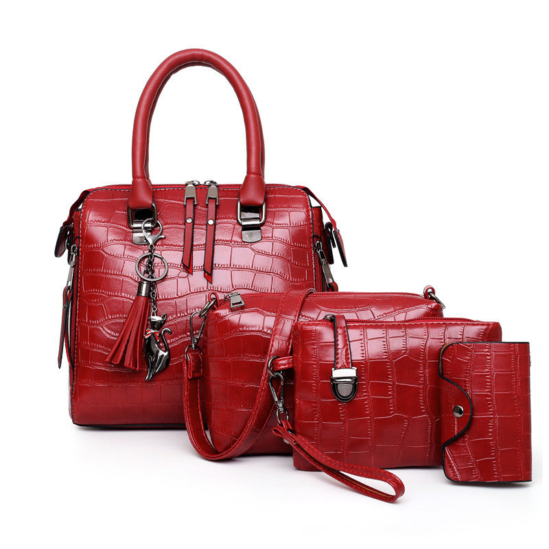 Croc-Embossed Handbag Set with Tassel Decor (4 Pieces)