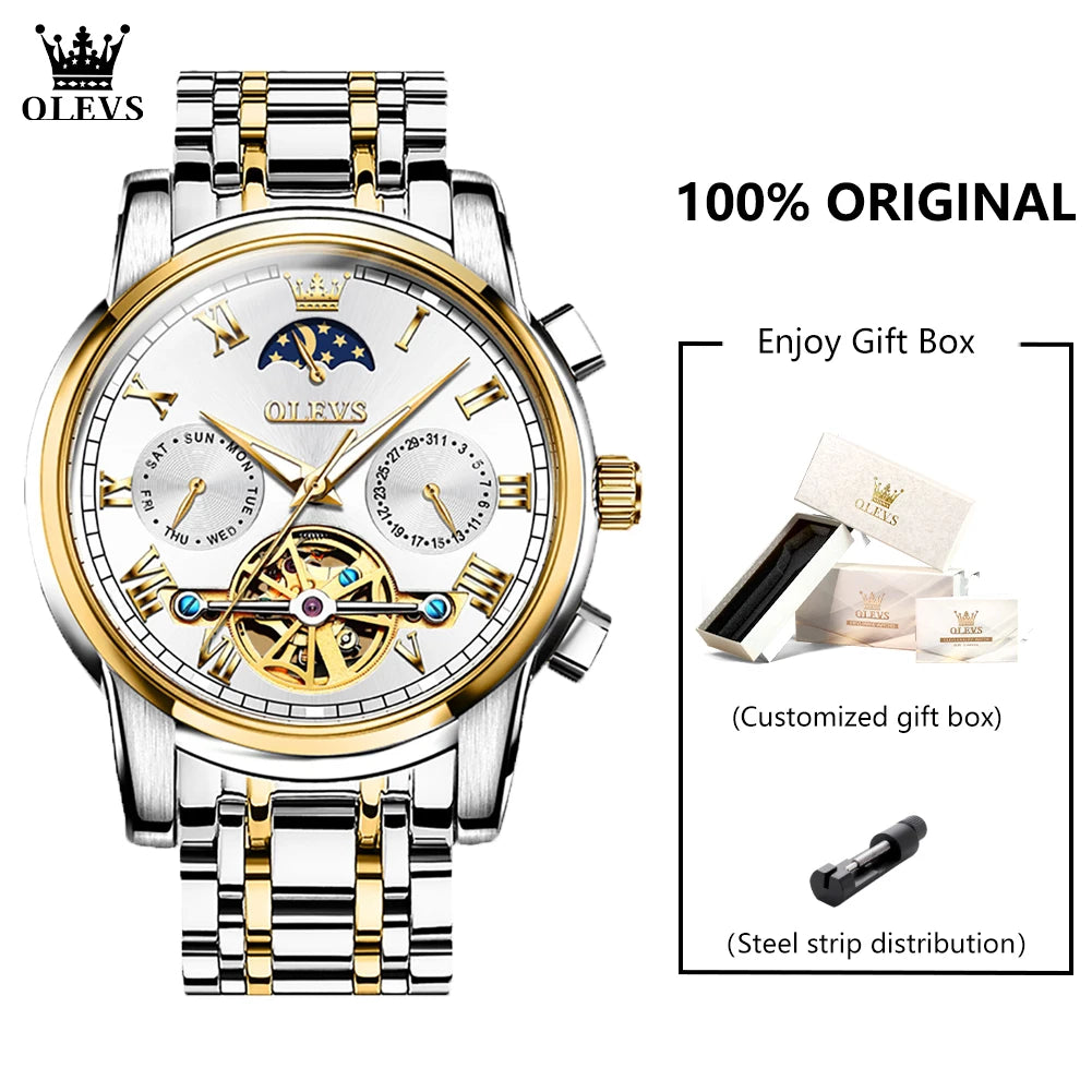 OLEVS 6617 Men's Classic Mechanical Watch – Sun & Moon, Stainless Steel, 30M Waterproof