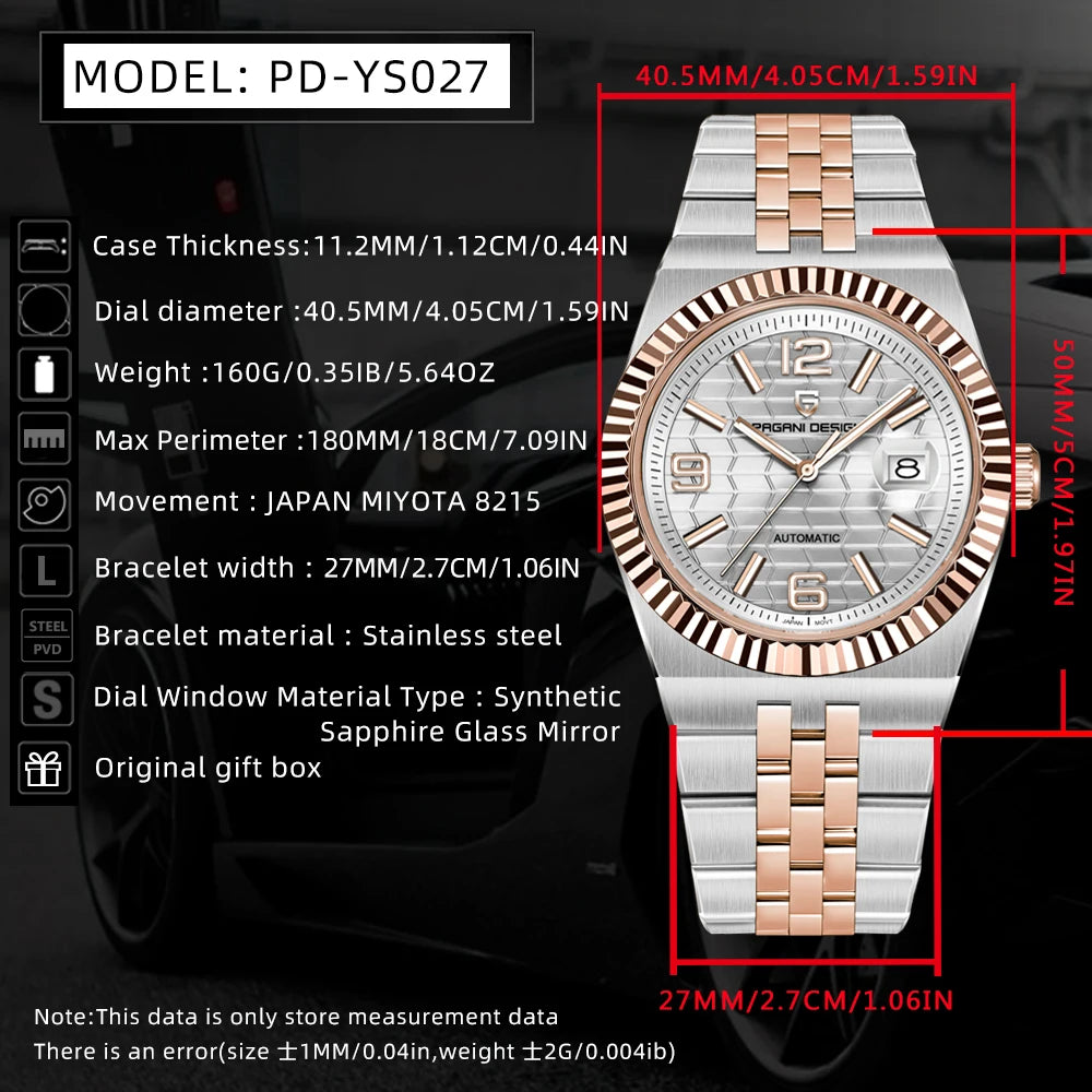 PAGANI DESIGN Men's Automatic Watch – Rose Gold, MIYOTA 8215, Sapphire Crystal, Luxury Mechanical