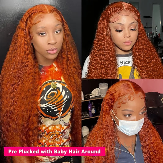 30Inch Orange Ginger Water Wave Lace Front Wigs 13x4 13x6 #350 Colored Wigs Brazilian Human Hair Deep Wave Curly Wigs 260Density