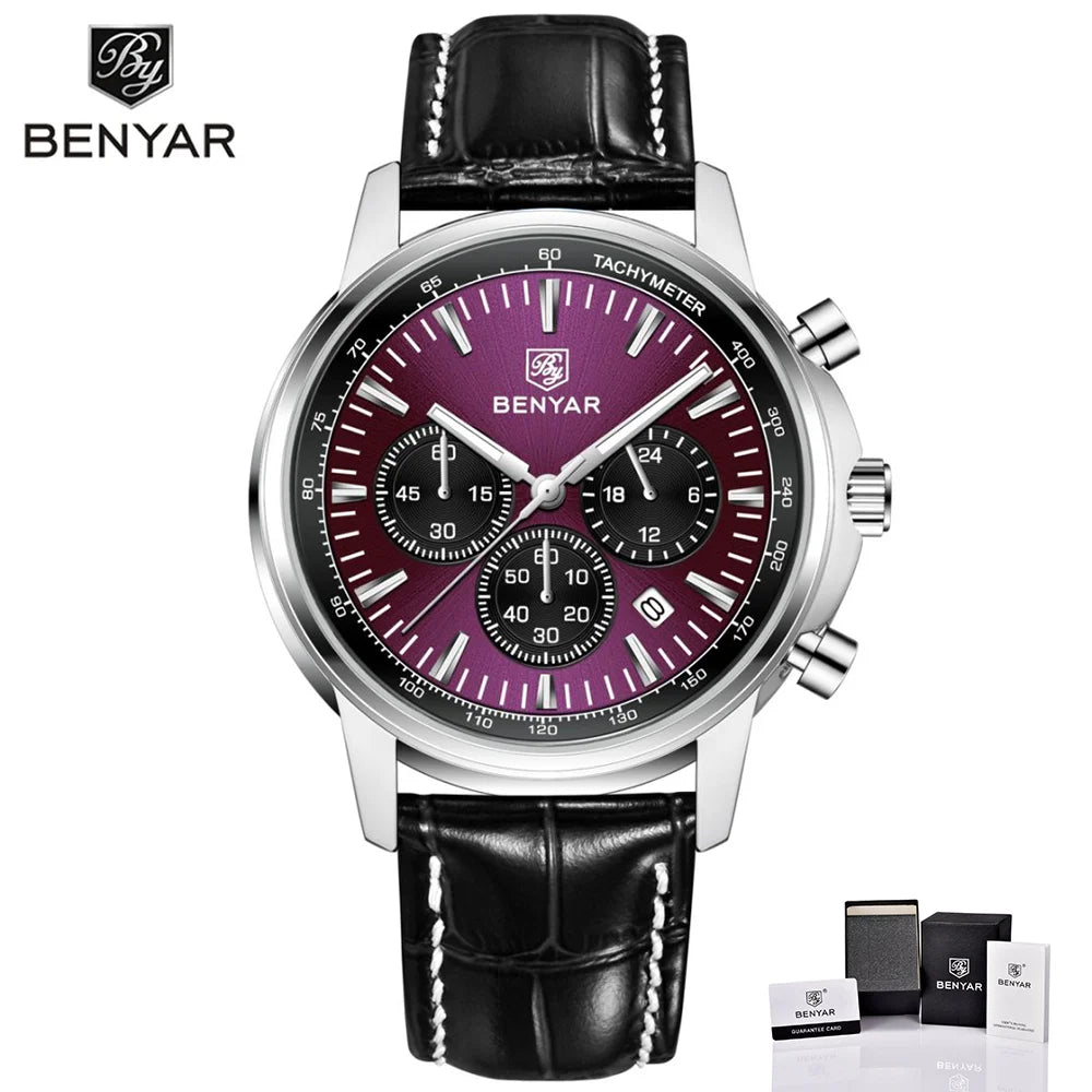 BENYAR Top brand multifunctional men's chronograph leather strap 30M waterproof men's business casual quartz watch
