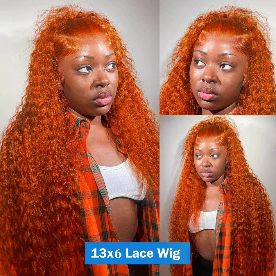 30Inch Orange Ginger Water Wave Lace Front Wigs 13x4 13x6 #350 Colored Wigs Brazilian Human Hair Deep Wave Curly Wigs 260Density