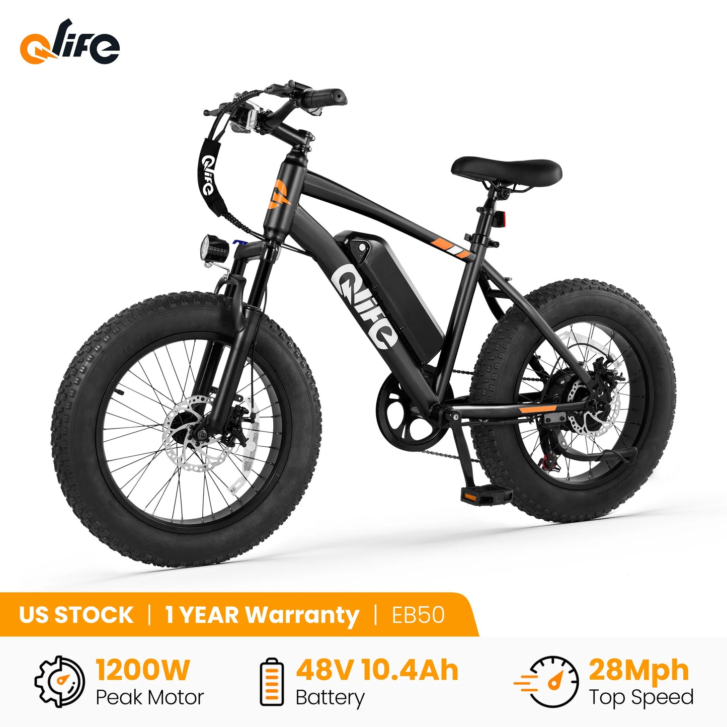 Qlife Racer Fat Tire Electric Mountain Bike – 1200W Peak, 48V, 28MPH, 55-Mile Range, 7-Speed