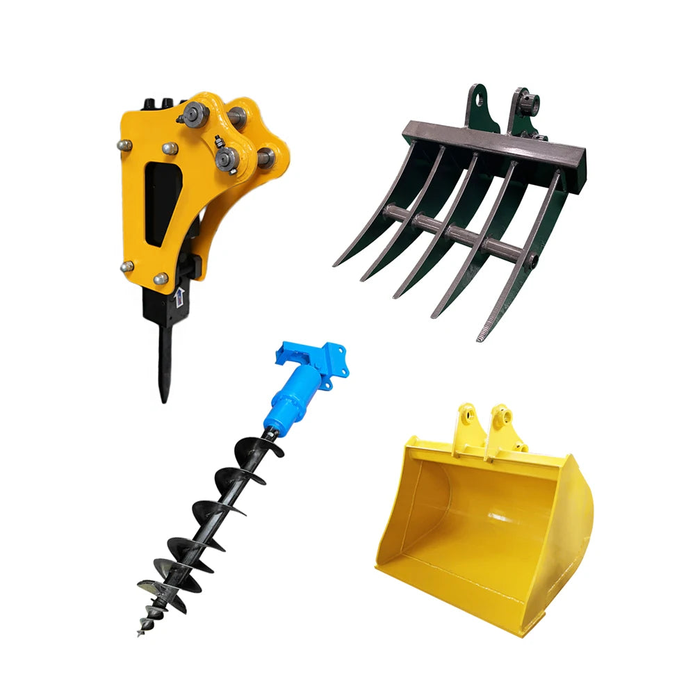 Mini Excavator Attachments Set – Bucket, Thumb, Earth Auger, Quick Hitch & Hydraulic Breaker