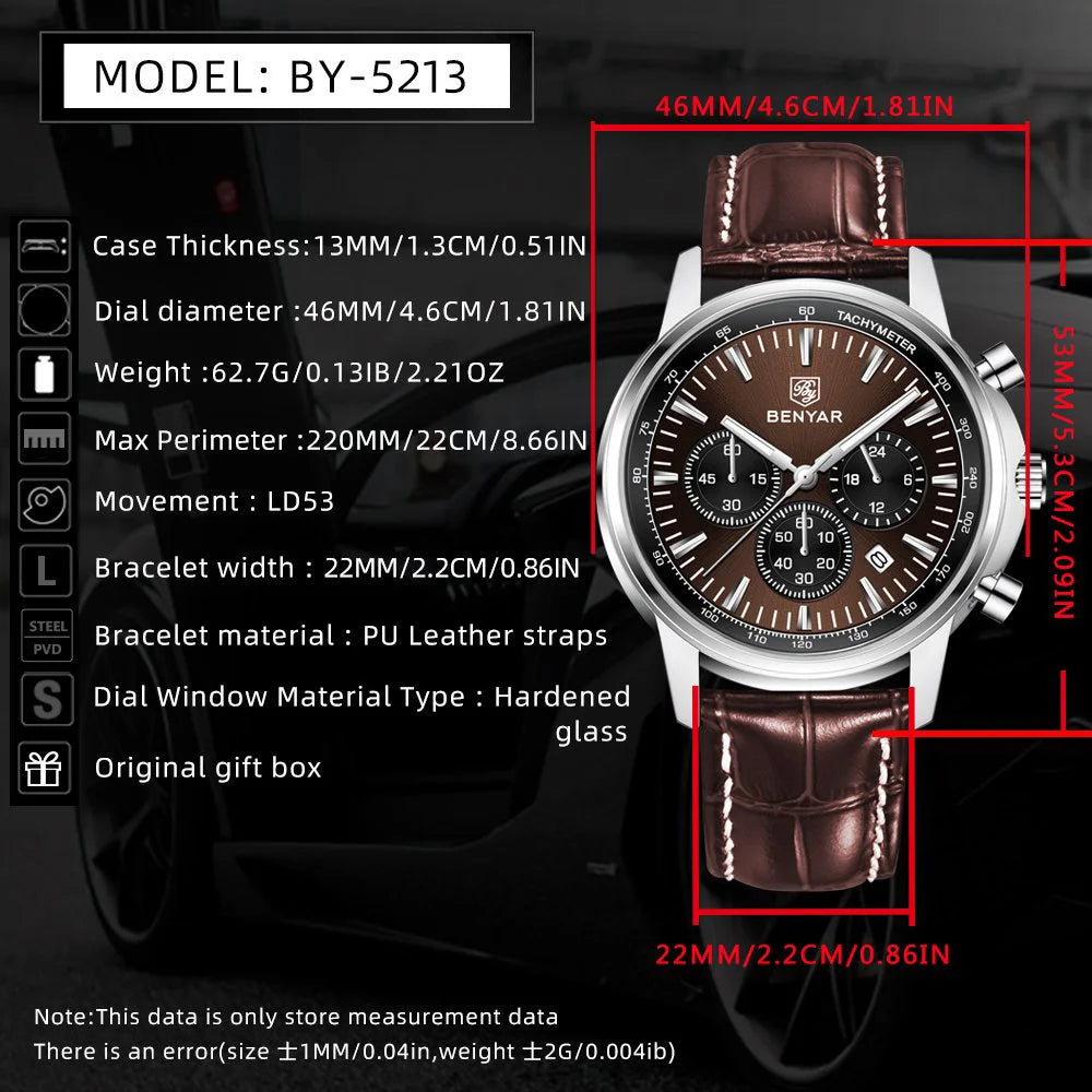 BENYAR Top brand multifunctional men's chronograph leather strap 30M waterproof men's business casual quartz watch
