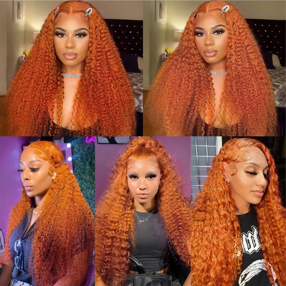 30Inch Orange Ginger Water Wave Lace Front Wigs 13x4 13x6 #350 Colored Wigs Brazilian Human Hair Deep Wave Curly Wigs 260Density