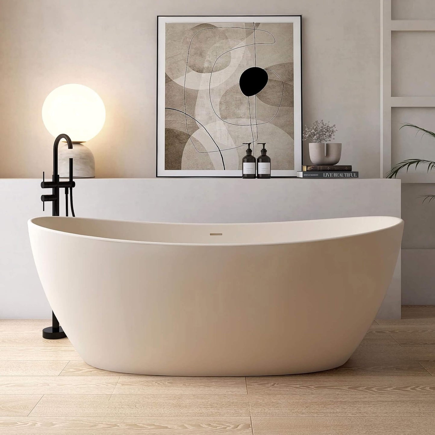 [65X33.5-Inch] Nuvia Freestanding Modern Oval Stone Resin Soaking Tub With Overflow Drain (SAK39231)