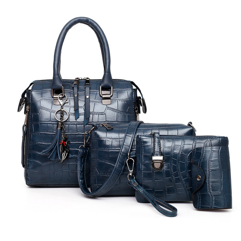 Croc-Embossed Handbag Set with Tassel Decor (4 Pieces)