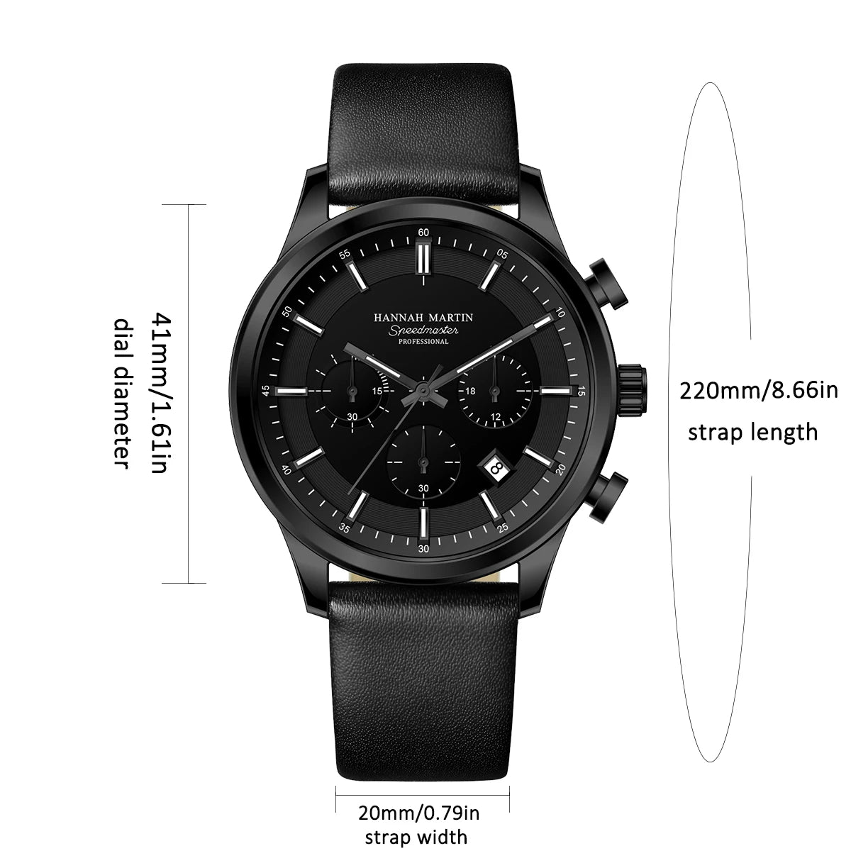 Hannah Martin Men's Business Watch – 41mm Quartz, Black Leather Strap, Chronograph, Gift Box