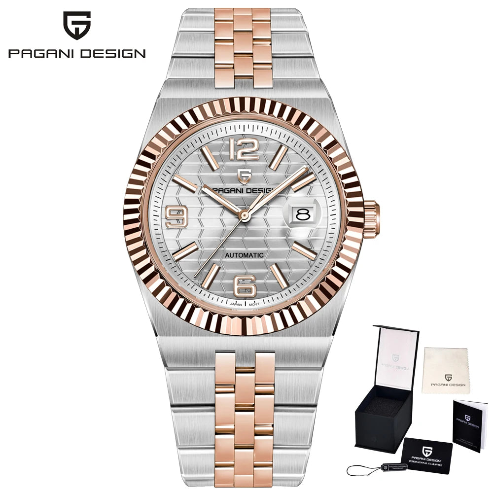 PAGANI DESIGN Business Men's Mechanical Automatic Watch Stainless Steel Waterproof Honeycomb Dial Luminous Gift Men's Watch+Box