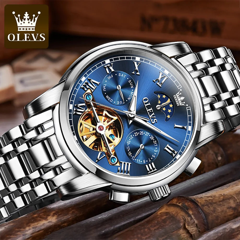 OLEVS 6617 Men's Classic Mechanical Watch – Sun & Moon, Stainless Steel, 30M Waterproof