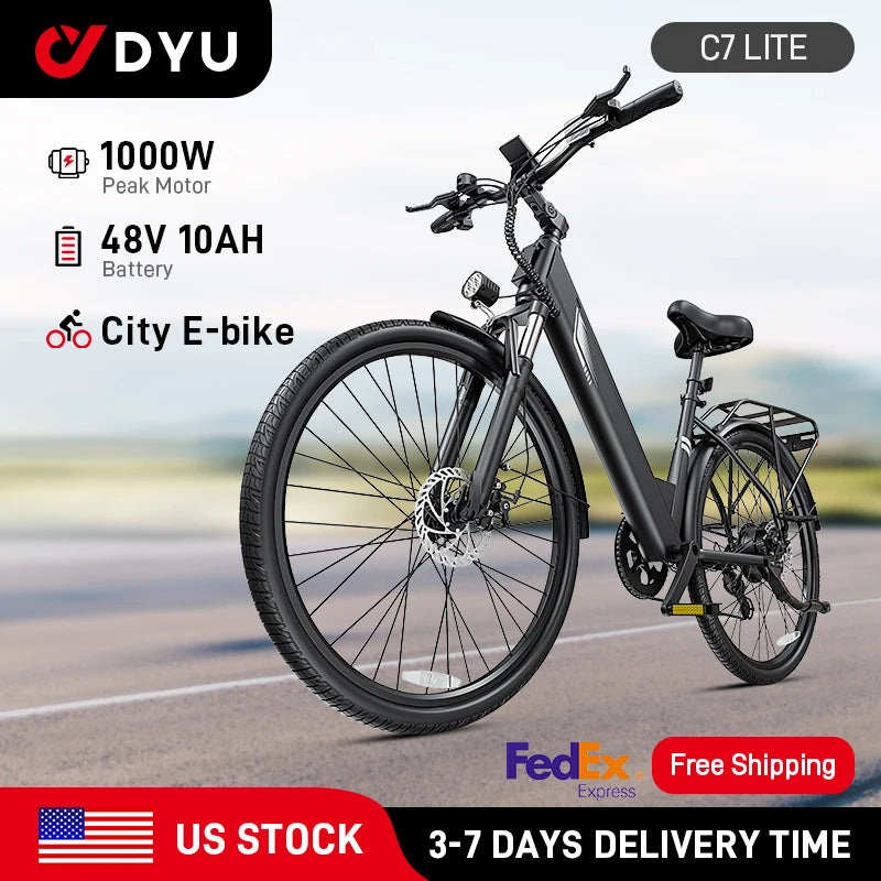 DYU C7 Electric Bicycle – 1000W Peak, 480Wh Battery, 26" City E-Bike, UL2849 Certified