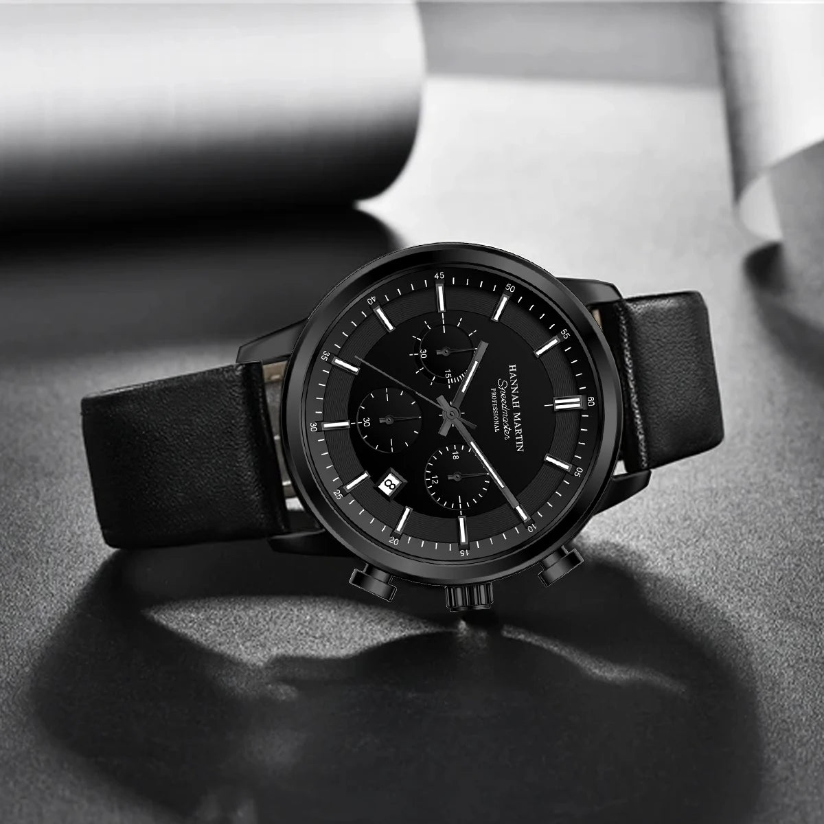 Hannah Martin Men's Business Watch – 41mm Quartz, Black Leather Strap, Chronograph, Gift Box