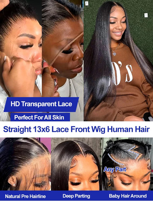 Transparent 13x6 HD Lace Front Human Hair Wigs PrePlucked For Women on Clearance Sale High 300 Density 40 Inch Bone Straight 13x4 HD Lace Front Human Hair Wig Invisible Breathable Swiss Lace Frontal Glueless Wigs For Women
