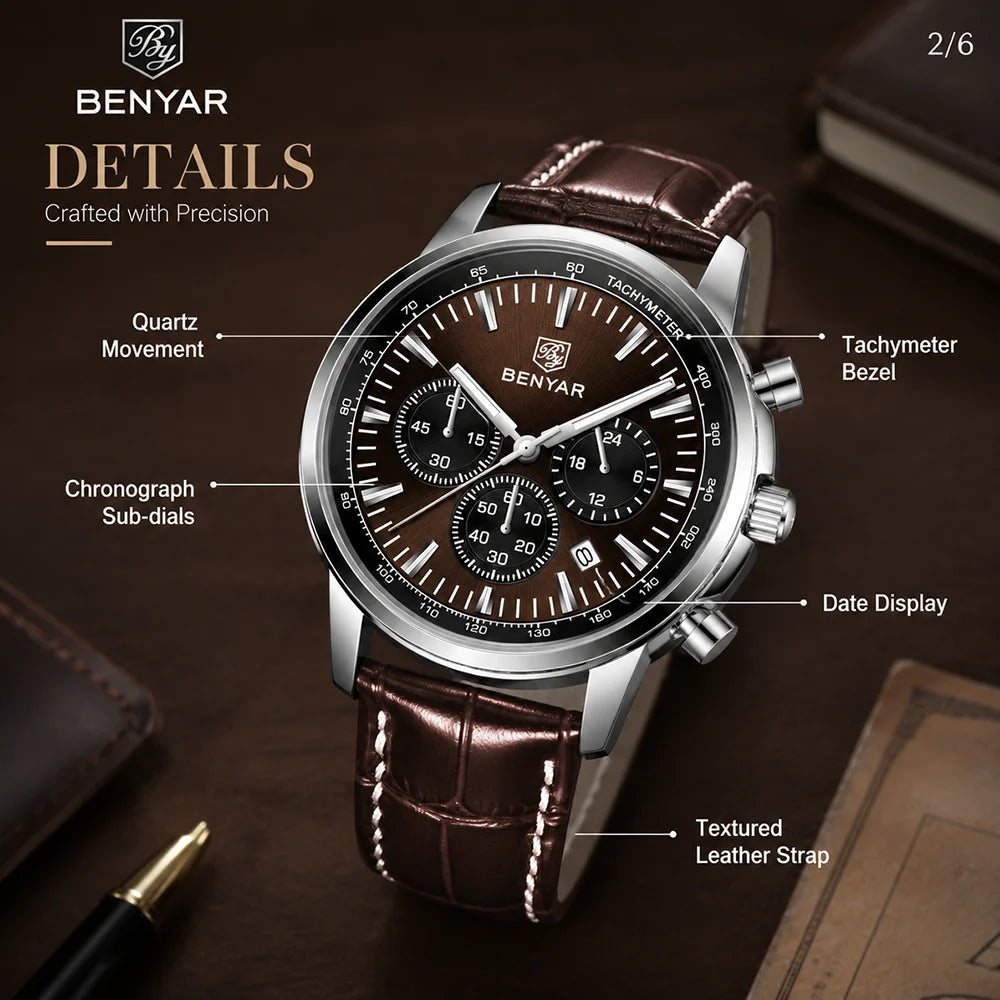BENYAR Top brand multifunctional men's chronograph leather strap 30M waterproof men's business casual quartz watch