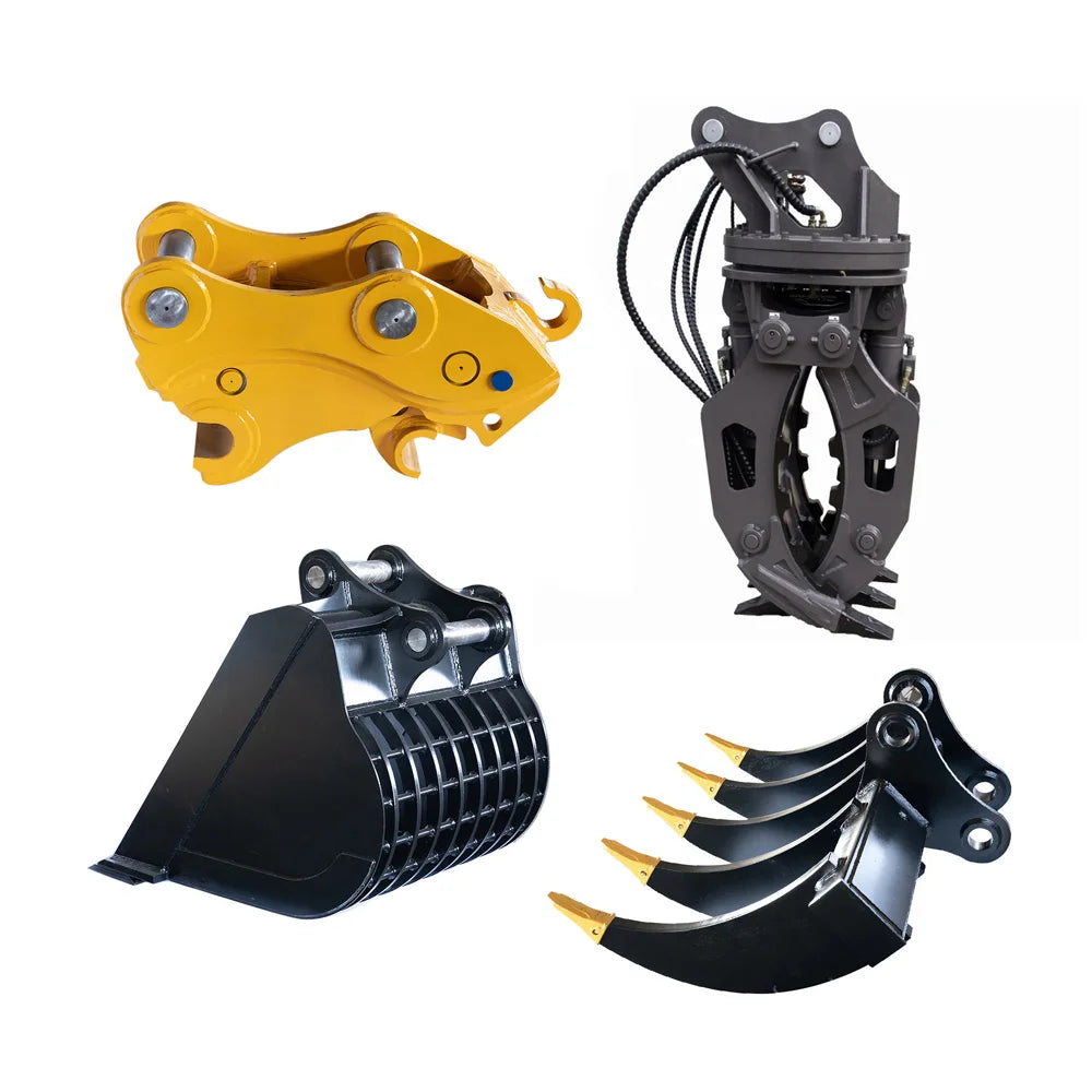 Mini Excavator Attachments Set – Bucket, Thumb, Earth Auger, Quick Hitch & Hydraulic Breaker