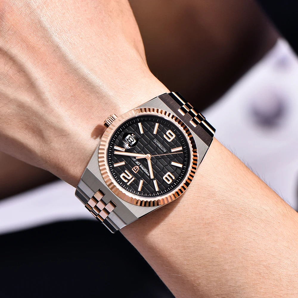 PAGANI DESIGN Business Men's Mechanical Automatic Watch Stainless Steel Waterproof Honeycomb Dial Luminous Gift Men's Watch+Box