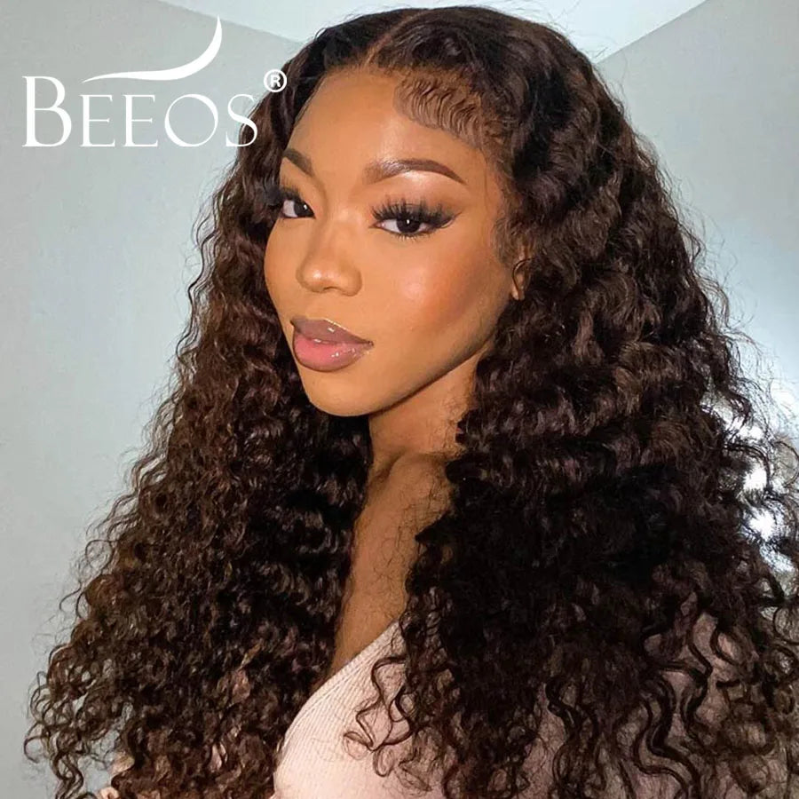 Ultra Fitted Dark Brown 13X6 HD Transparent Lace Full Frontal Wigs Human Hair Water Wave Colored Curly Wigs 100% Human Hair Remy