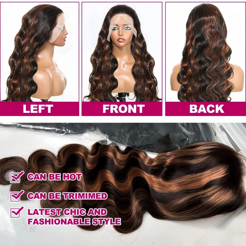 Highlight Body Wave 13x6 HD Omber Lace Front Human Hair Pre Plucked Wig 1B/30 Black Brown Colored Hair 13x4 HD Lace Frontal Wigs