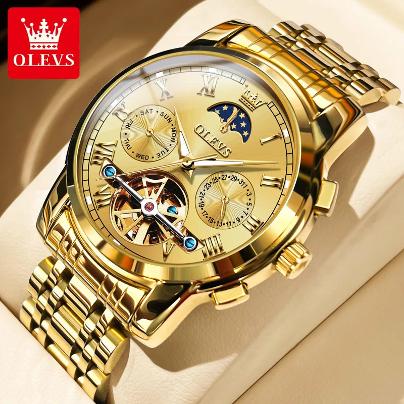 OLEVS 6617 Men's Classic Mechanical Watch – Sun & Moon, Stainless Steel, 30M Waterproof