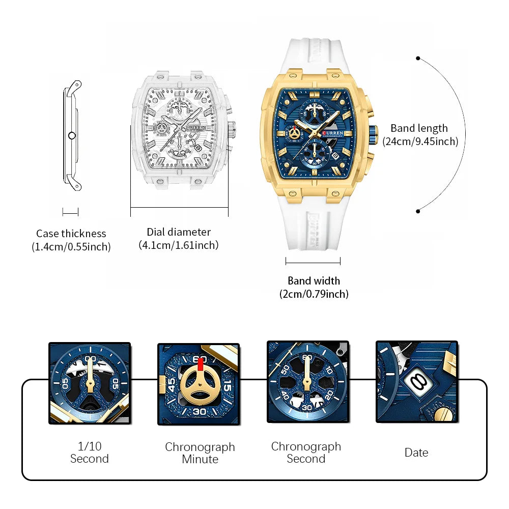 CURREN Luxury Vintage Watch for Men Sports Chronograph Quartz Wristwatches with Silicone Strap,Date,Luminous