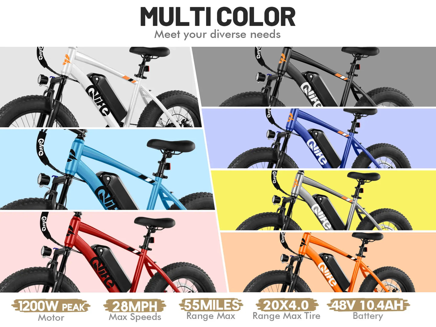 Qlife Racer Fat Tire Electric Mountain Bike – 1200W Peak, 48V, 28MPH, 55-Mile Range, 7-Speed