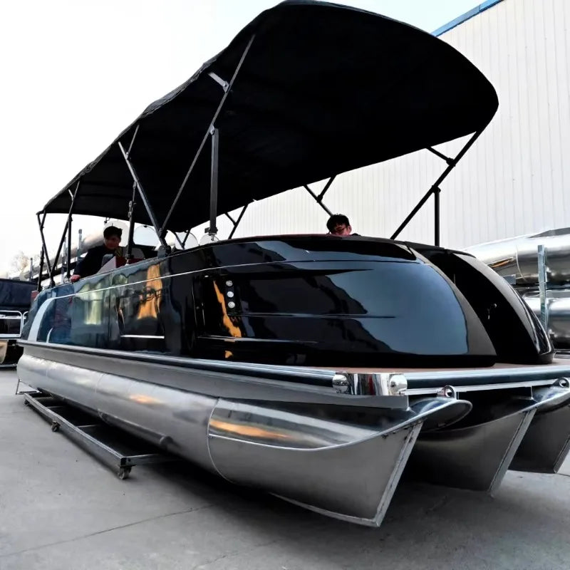 Luxury Pontoon Yacht with Outboard Motor – Fiberglass Hull Party Boat