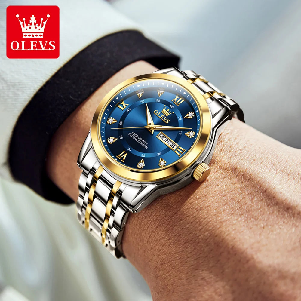 OLEVS Brand Fashion men's watches stainless steel waterproof Quartz wristwatch luminous Original watch for man Dual Calendar